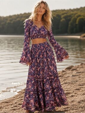 Rhea NWT Navy/Pink/Cream Paisley Boho Top and Maxi Skirt Set - Two-Piece